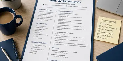 Nurse practitioner resume and job application materials arranged on a desk, representing healthcare career advancement and job search preparation.