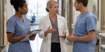 Experienced clinical nurse specialist consulting with two bedside nurses in a modern hospital corridor, providing clinical guidance and supporting collaborative, evidence-based patient care.