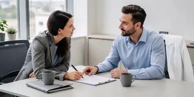 Healthcare provider reviewing an employment contract with a practice administrator before accepting a new position.