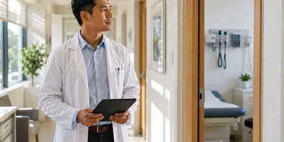 New nurse practitioner or physician assistant preparing for the first day of clinical practice in a modern healthcare setting.