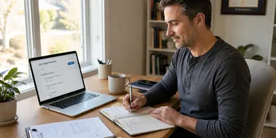 Newly graduated nurse practitioner or physician assistant reviewing job opportunities and interview notes while planning a healthcare job search.