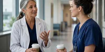 Experienced healthcare provider mentoring a colleague during a conversation about professional growth and career development.