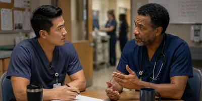 An experienced advanced practice provider mentors a newer clinician during a conversation over coffee in a hospital break room, highlighting professional growth, career guidance, and mentorship in healthcare.