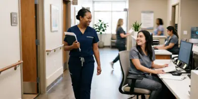 An advanced practice provider walks through a medical office greeting a colleague at the front desk, illustrating teamwork, professionalism, and the everyday habits that help healthcare providers stand out.