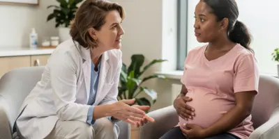 Experienced certified nurse midwife meeting with a pregnant patient in a modern women's health clinic, discussing prenatal care in a comfortable, patient-centered environment.