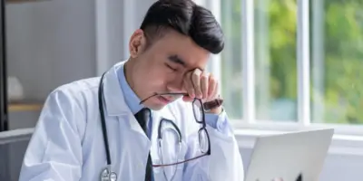 Healthcare provider sitting at a desk looking fatigued while reviewing work on a laptop, representing burnout and career stress