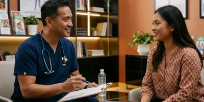 Nurse practitioner or physician assistant sitting with a patient discussing health in a calm clinic setting focused on lifestyle and preventive care