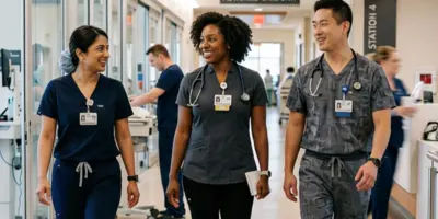 Group of advanced practice providers walking confidently through a modern hospital, representing career opportunity, growth, and demand in healthcare.