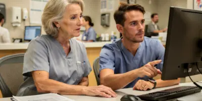 Senior healthcare professional training a newer clinician, representing the healthcare industry's growing shortage of experienced providers and mentors.