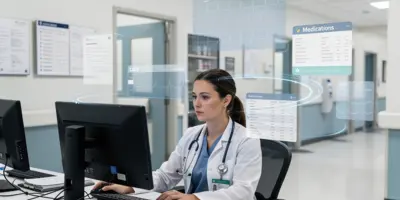 Healthcare provider reviewing patient information while surrounded by laboratory results, medication lists, vital signs, and clinical data, illustrating decision fatigue and cognitive overload in modern healthcare practice.