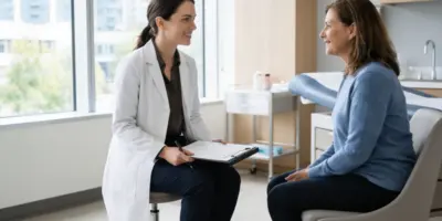 New nurse practitioner or physician assistant meeting with a patient during a medical appointment, building trust through attentive communication in a modern outpatient exam room.