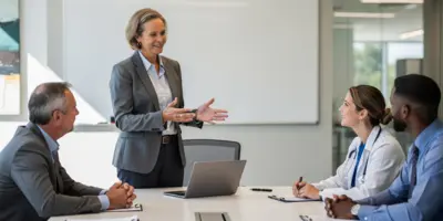Experienced advanced practice provider leading a collaborative healthcare strategy meeting with clinical and administrative colleagues.