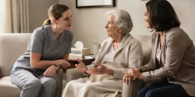 Nurse practitioner discussing a palliative care plan with an older patient and family member in a supportive healthcare setting.