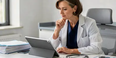 Experienced nurse practitioner reviewing clinical information on a tablet, representing the analytical, legal, and systems-level knowledge that contributes to effective advanced practice care.