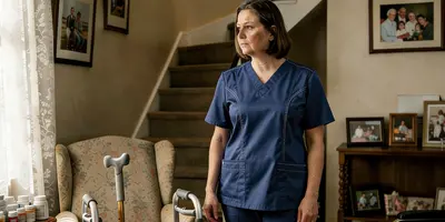 Home healthcare provider observing a patient's living environment, including mobility aids, medications, family photos, and stairs that influence daily health and independence.