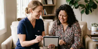 Nurse practitioner in scrubs sitting beside a patient in a comfortable, home-like setting, reviewing health information together on a tablet during a collaborative coaching session.