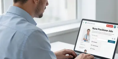 New graduate nurse practitioner reviewing job opportunities on a laptop while preparing to enter the healthcare job market