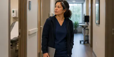 Experienced advanced practice provider standing thoughtfully in a medical clinic hallway between patient appointments, illustrating clinician burnout and exhaustion.