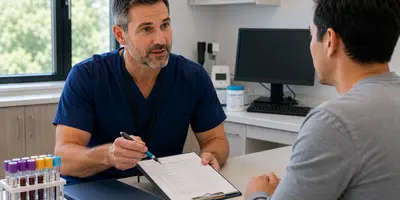 Experienced advanced practice provider discussing a clinical research study with a participant during a visit in a modern outpatient research clinic.