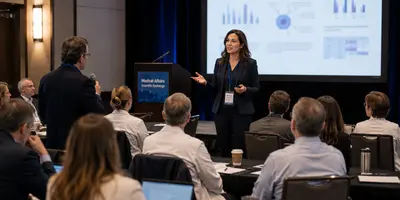 Medical Science Liaison presenting scientific research to physicians and healthcare professionals during a medical conference session.