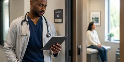 Male advanced practice provider reviews a patient's chart on a tablet outside an exam room while a patient waits calmly inside, illustrating thoughtful clinical decision-making and patient care.