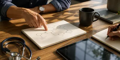 Experienced healthcare professionals collaborate over a workflow diagram during a strategy meeting, with a stethoscope, tablet, and notebook on a conference table, illustrating how clinical expertise helps shape healthcare innovation and decision-making.