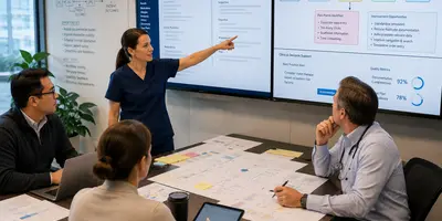 Clinical informatics professionals collaborating with an advanced practice professional to improve electronic health record workflows and clinical documentation.