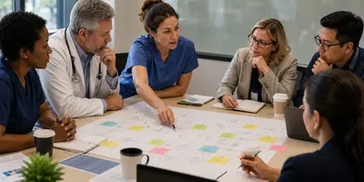 Advanced practice provider collaborating with physicians and healthcare leaders during a workflow improvement meeting, illustrating how projects outside everyday clinical responsibilities can lead to professional growth and new career opportunities.