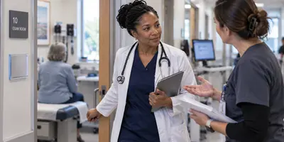 Experienced advanced practice provider pauses outside a patient exam room to assist a colleague.