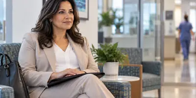 Advanced practice clinician sitting in a healthcare office preparing for a job interview
