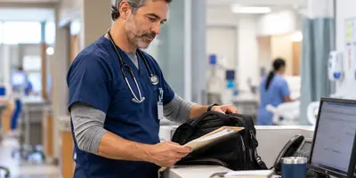 Experienced male advanced practice provider getting situated at a workstation in a new clinical environment.