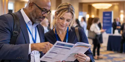 Two healthcare professionals reviewing an educational conference schedule together at a hotel conference venue.